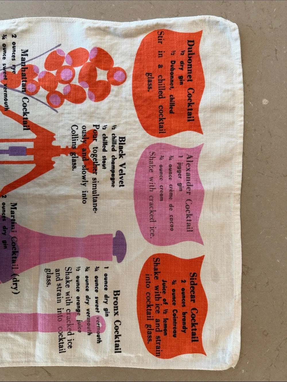 Vintage Luther Travis Cocktail Recipe Kitchen Tea Towel MCM - Pink Orange Purple